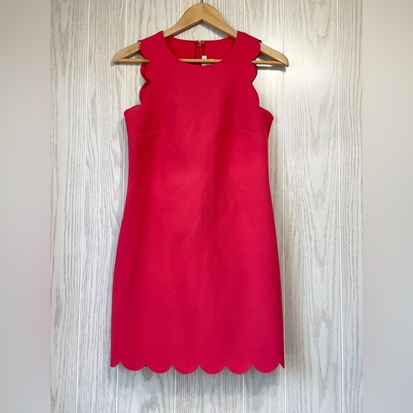 J Crew Sheath Dress 00 Pink Red Coral Scalloped Raw Edges Quality Fabric EUC - Picture 1 of 4